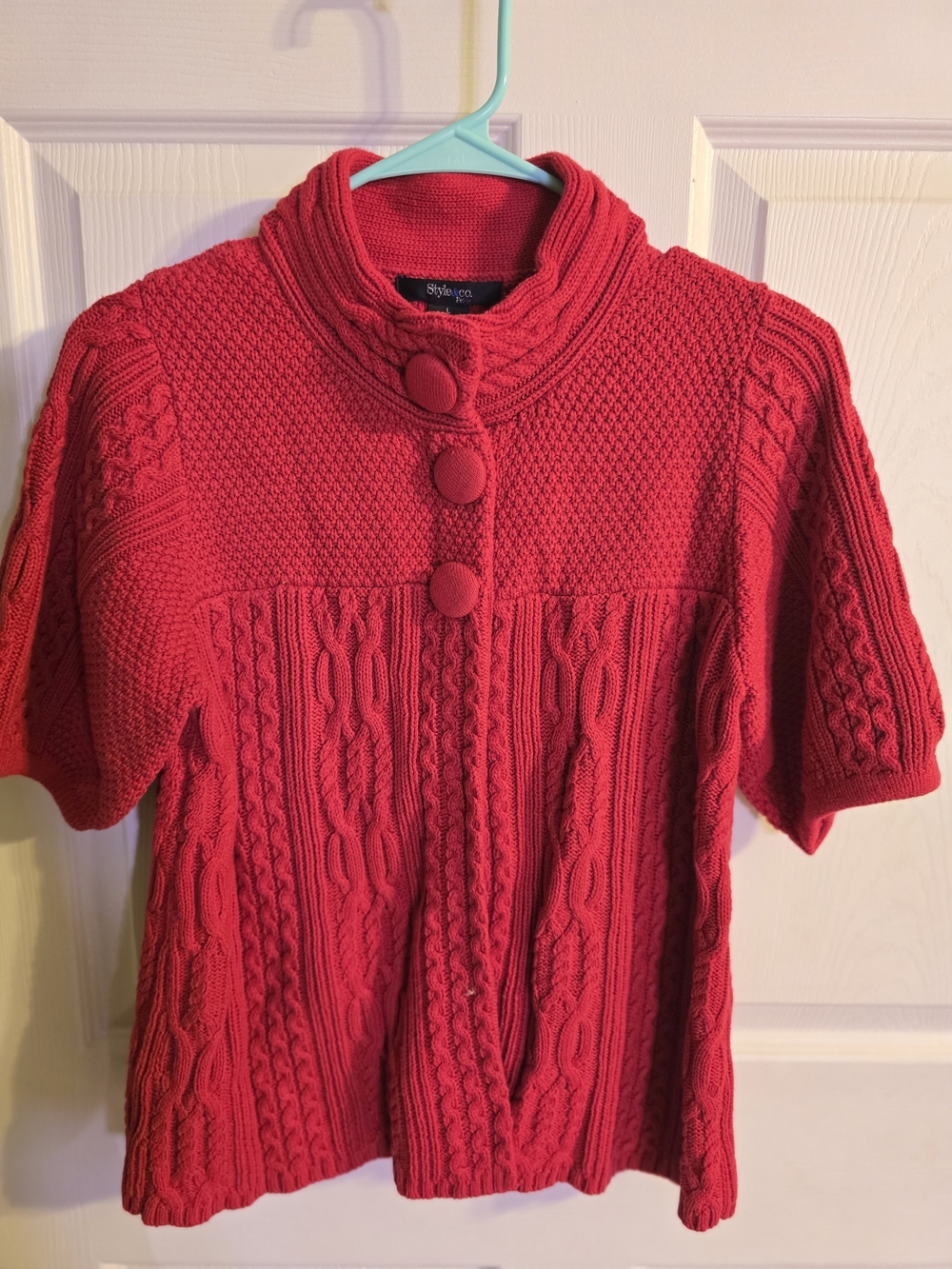 Style & Co. Red Short-Sleeve Cable Knit Cardigan with Covered Buttons